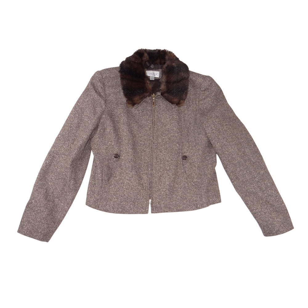 Conrad C Collection Brown Tweed Jacket Faux Fur Collar Size 8 Made in Canada